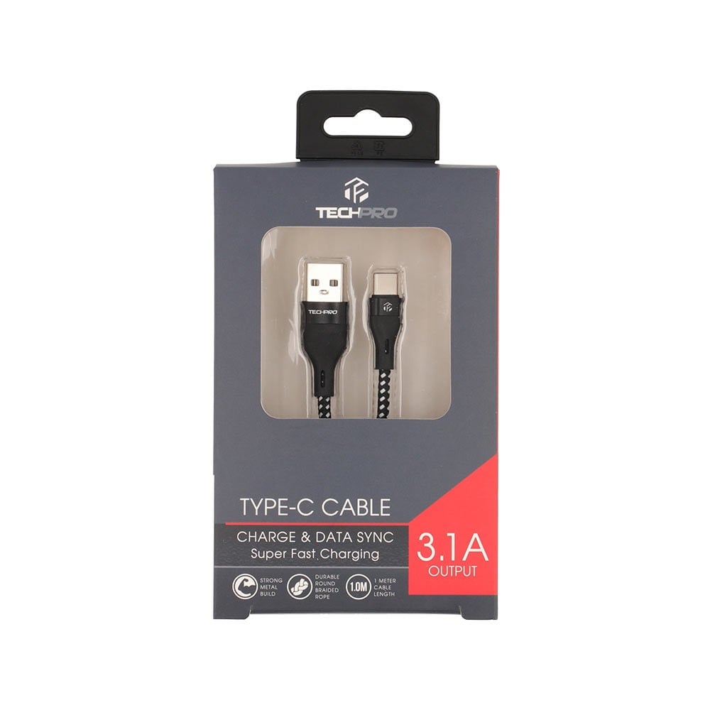 สายชารจ TECHPRO USB A to USB C Cable 1 M Black White Education Studio7