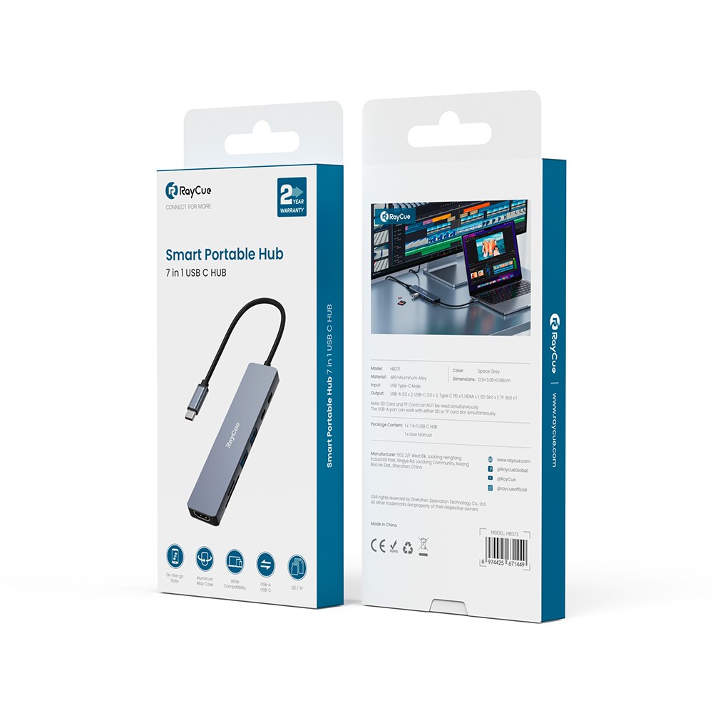 Raycue 7-in-1 USB Type-C To HDMI,USB-A,USB-C,SD card,TF card (HB371) Silver