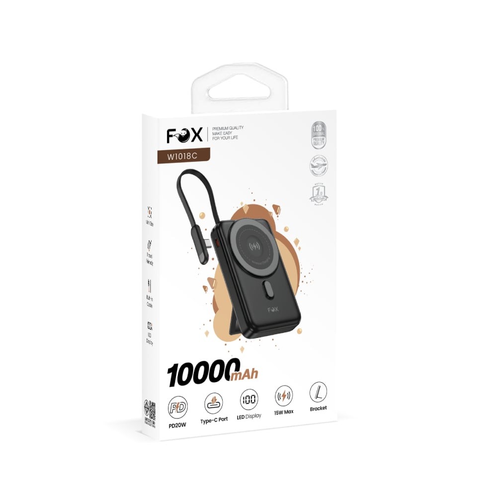 พาวเวอร์แบงค์ FOX 10000 mAh Mini Magnetic Wireless W1081C Black