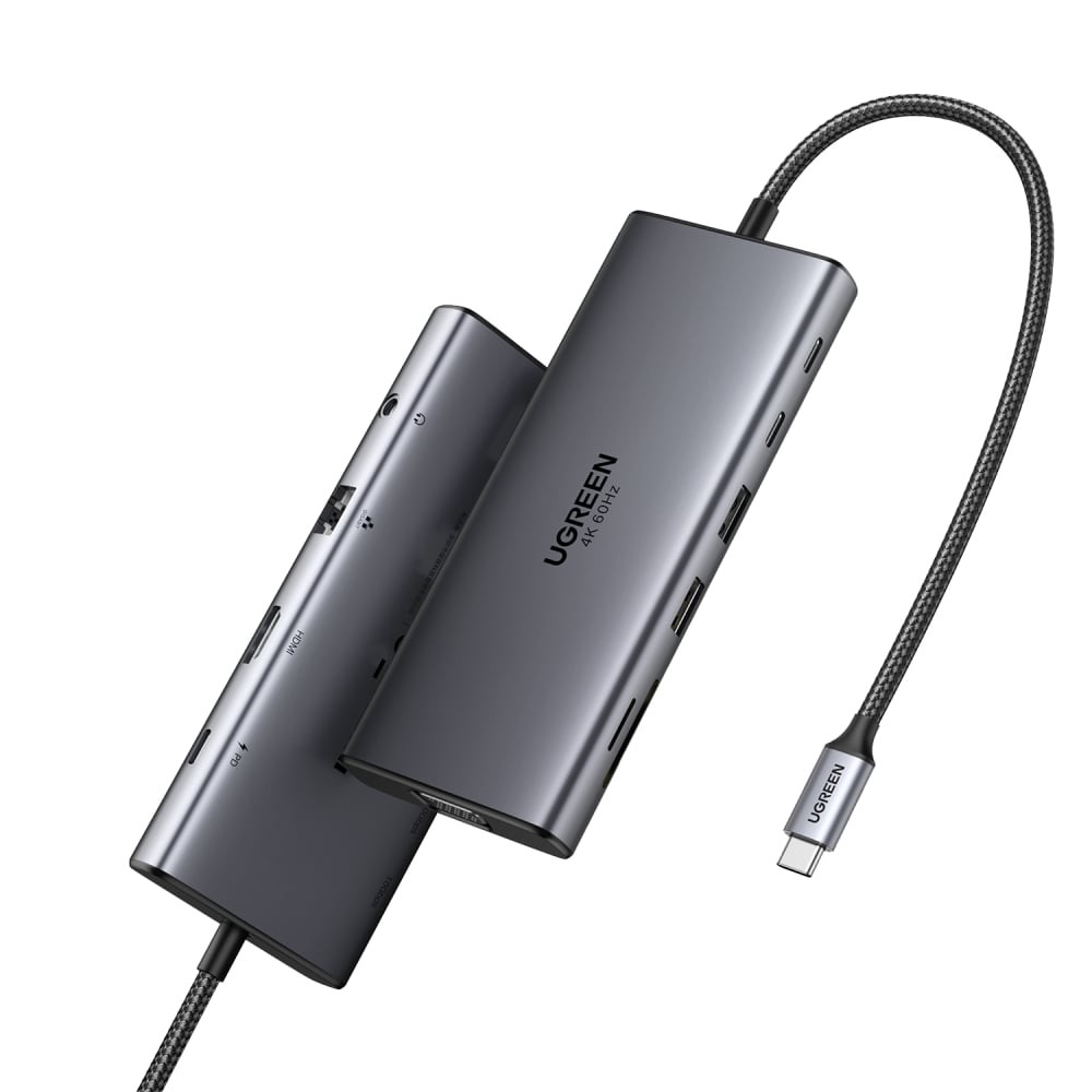Ugreen 11-in-1 USB-Cx2 USB-C 3.2+USB-A 3.2+USB-A 3.0+HDMI(4K@60Hz)+VGA+RJ45 Gigabit (45520) Gray