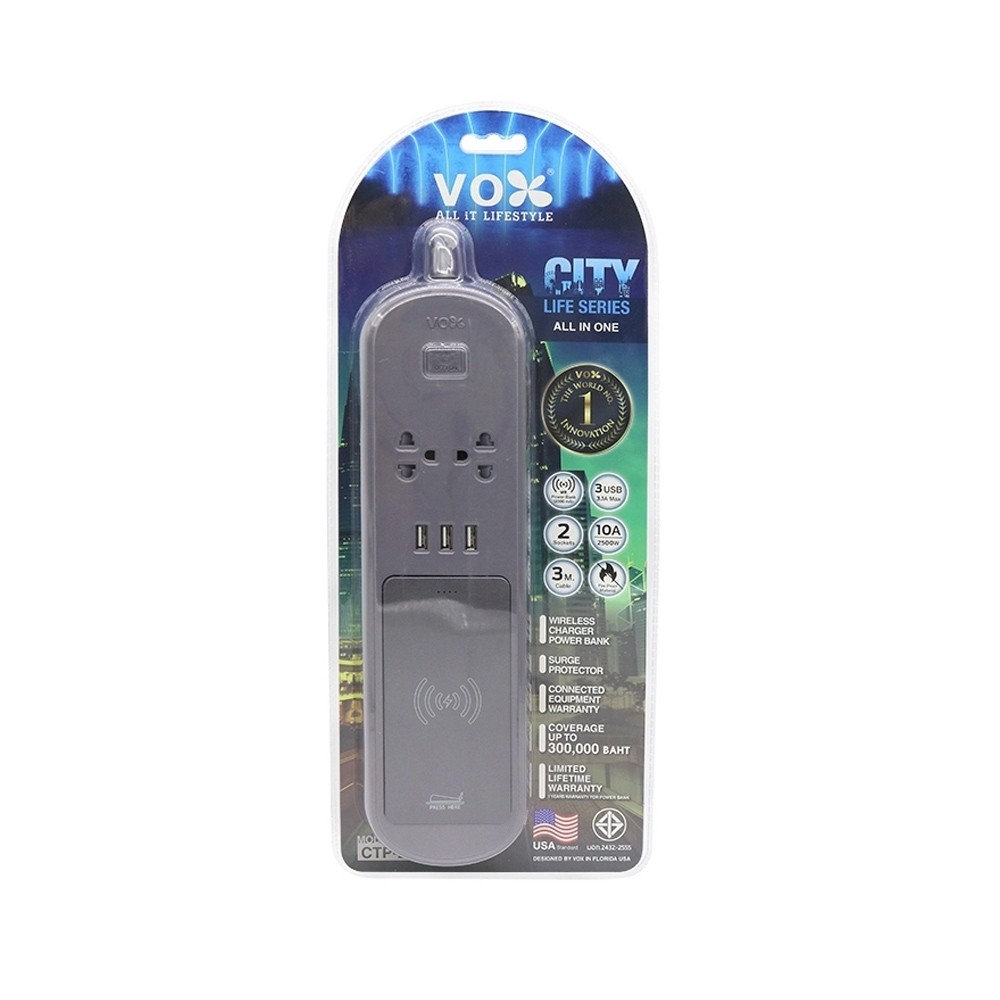 VOX Plug CITY LIFE IOT 1 Switch/ 2 Outlet / 3 USB (3.1A Max) 1 Wireless Power Bank 12,000 mAh Gray