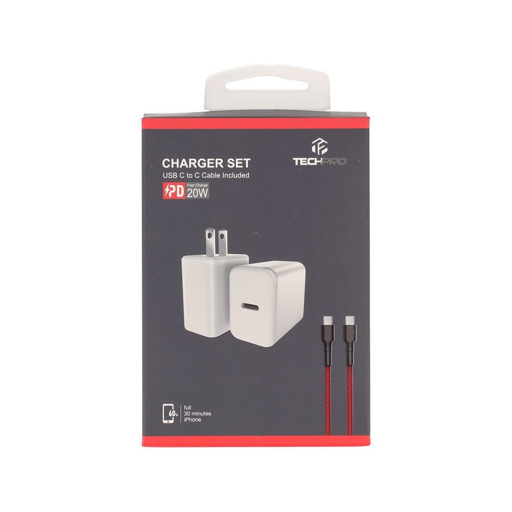 อะแดปเตอร์ TECHPRO Wall Charger 1 USB-C พร้อมสายชาร์จ USB-C to USB-C ยาว 1M. Red