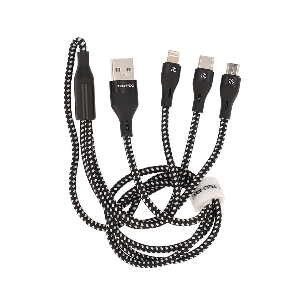 สายชาร์จ TECHPRO 3in1 Cable (USB-A to Type-C, Lightning, Micro USB) 1 เมตร Black/White