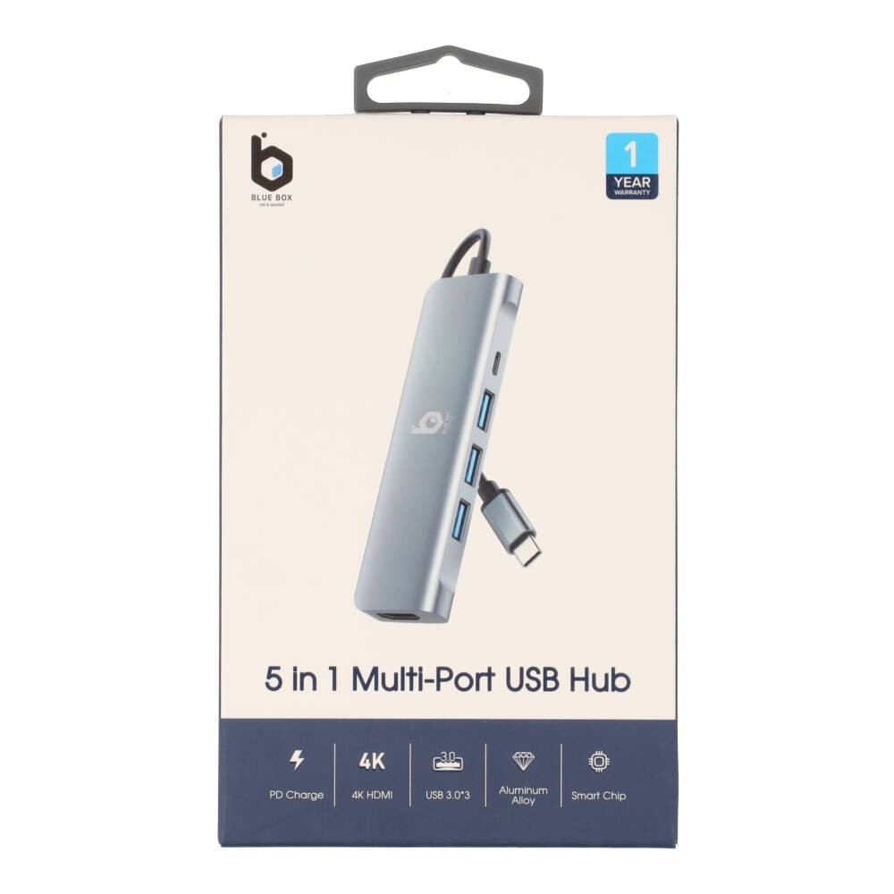 Blue Box Port Hub USB Type-C Hub 5-in-1 Multifunction Converter - Silver Gray