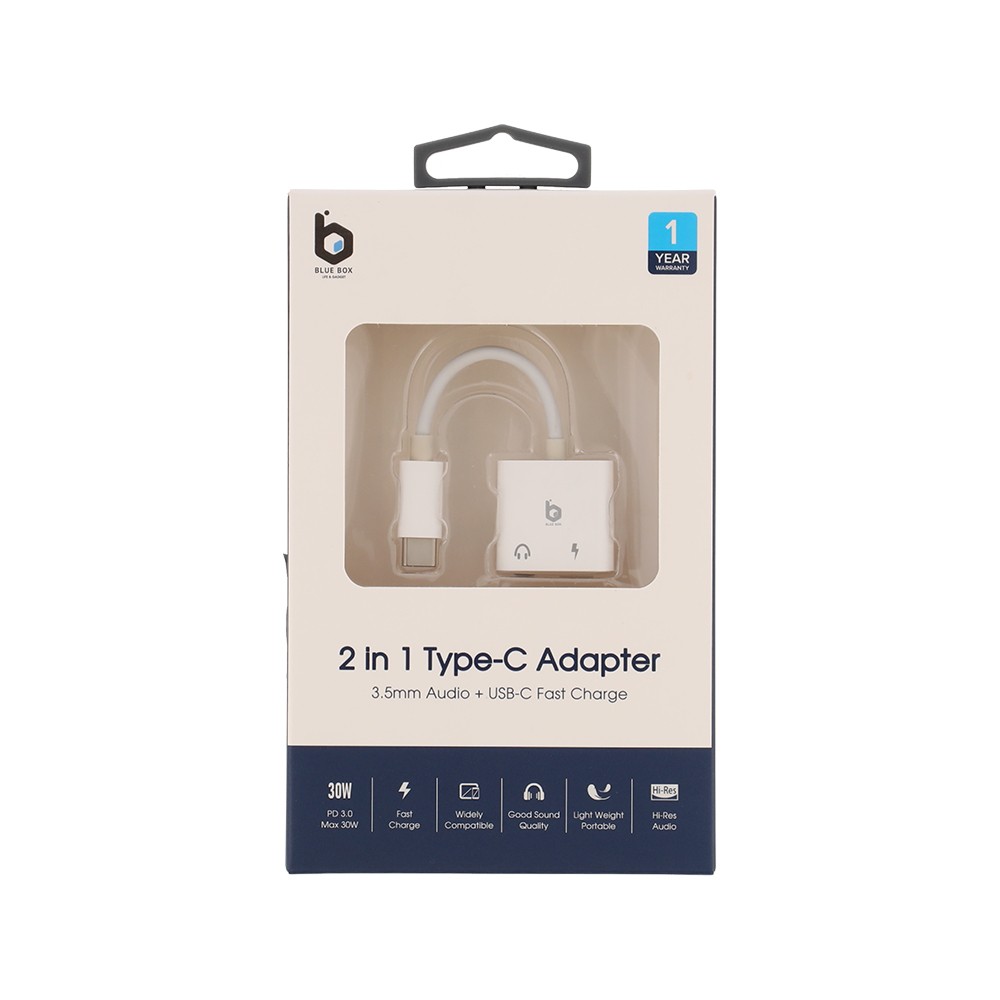 Blue Box USB-C to 3.5mm Audio + USB-C Fast Charge Adapter- White