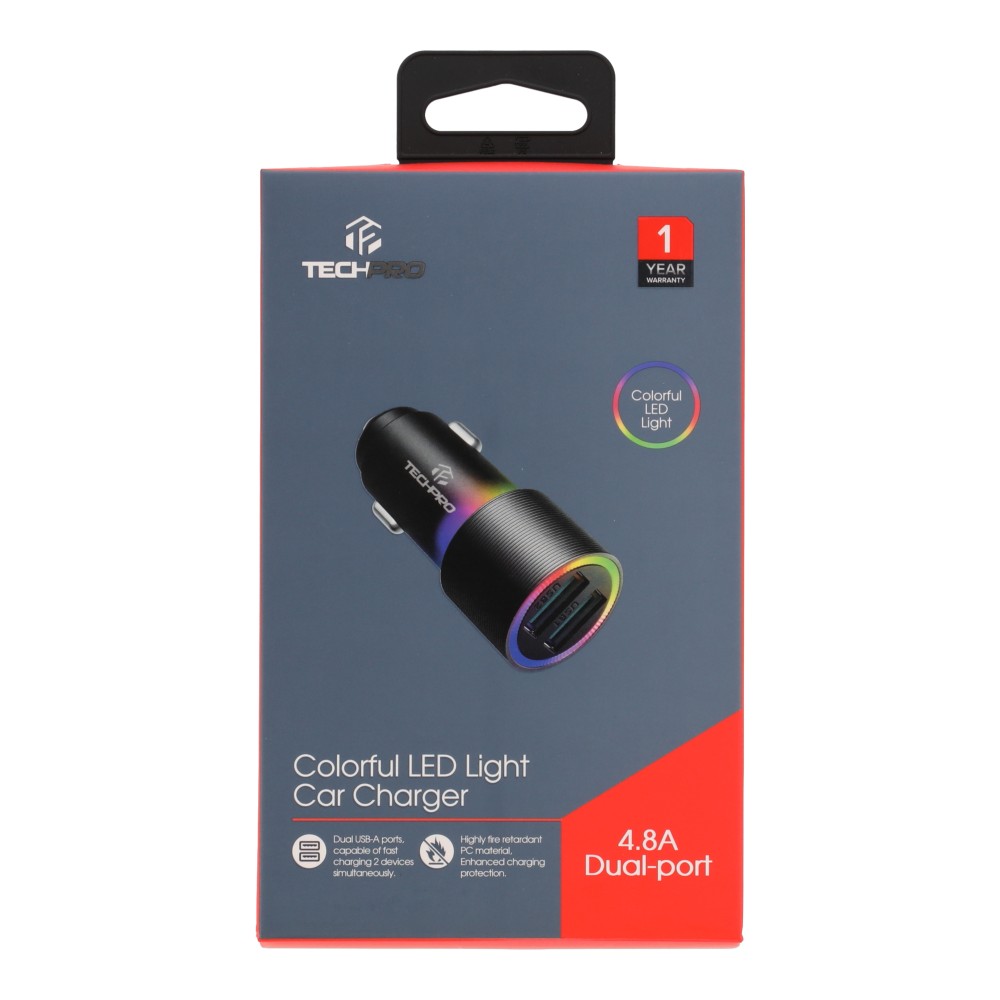 TECHPRO 4.8A Dual-port 2 USB-A Colorful LED Light Car Charger - Black