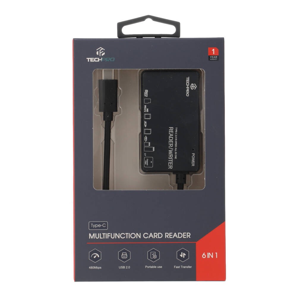 TECHPRO Mul-Function 6 in 1 Type-C Card Reader - Black