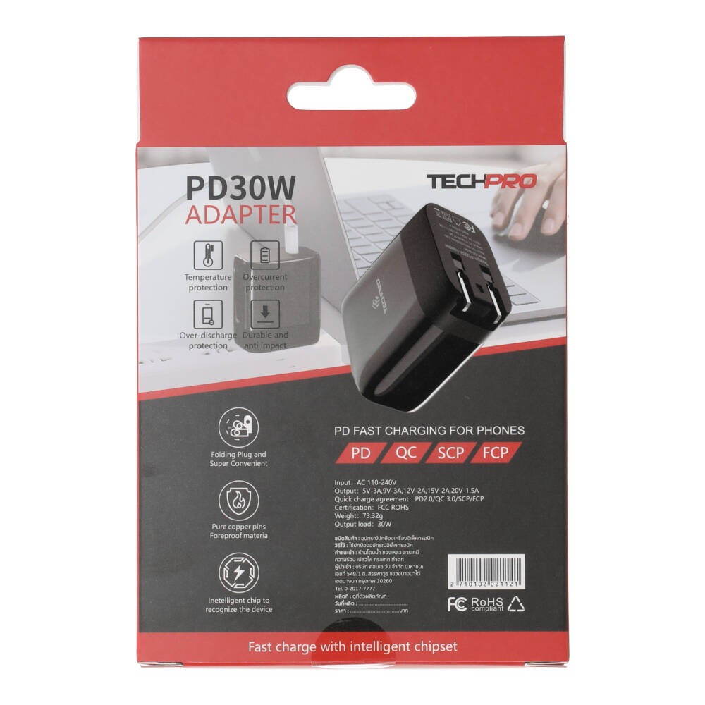 TECHPRO Wall USB Charger 1 USB-C (PD30W) Black