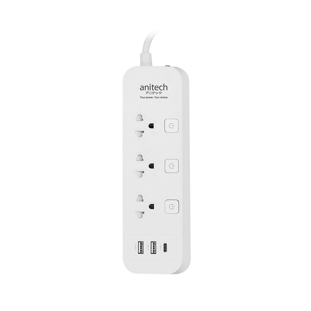 ปลั๊กไฟ Anitech 3 Way 3 Switch 2xUSB-A, 1xUSB-C 3M. H5333