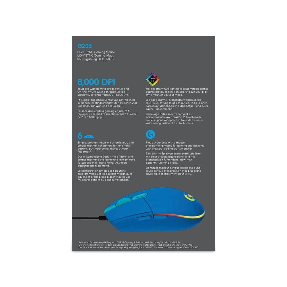 เมาส์เกมมิ่ง Logitech Gaming Mouse G203 Lightsync Blue