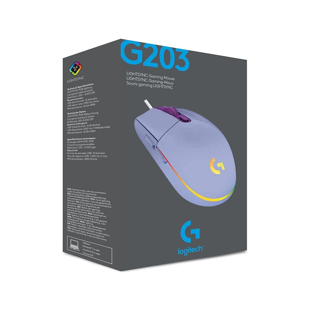 เมาส์เกมมิ่ง Logitech Gaming Mouse G203 Lightsync Lilac