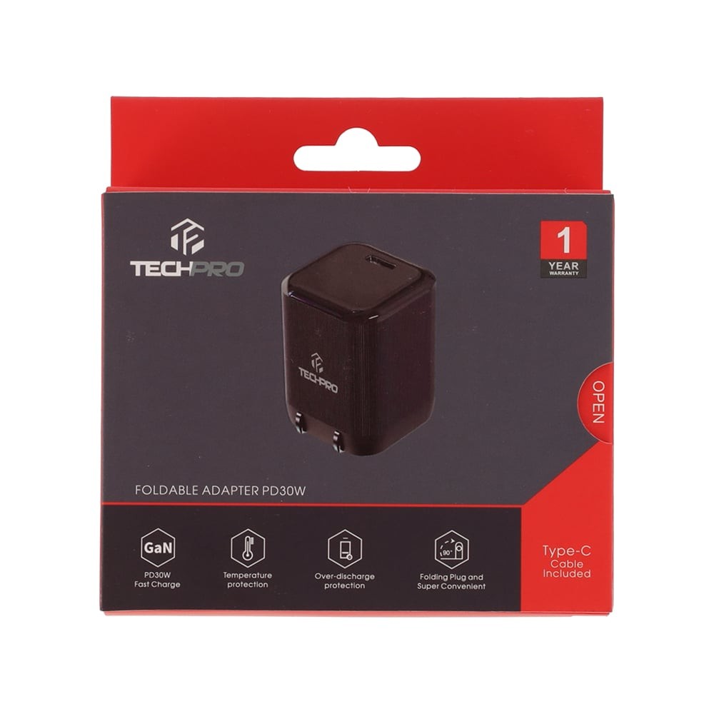 อะแดปเตอร์ TECHPRO Wall Charger 1 USB-C พร้อมสายชาร์จ USB-C to USB-C ยาว 1M Black