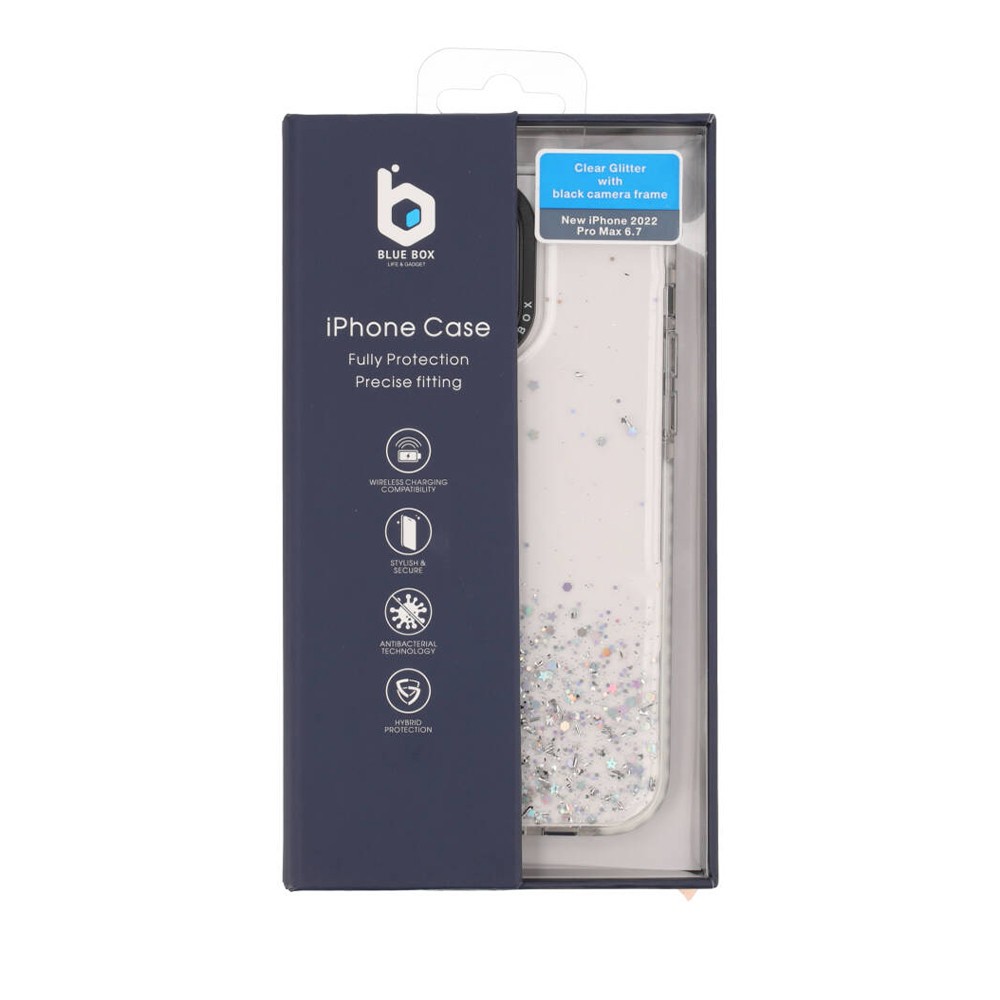 เคส Blue Box iPhone 14 Pro Max Clear Glitter with black camera frame