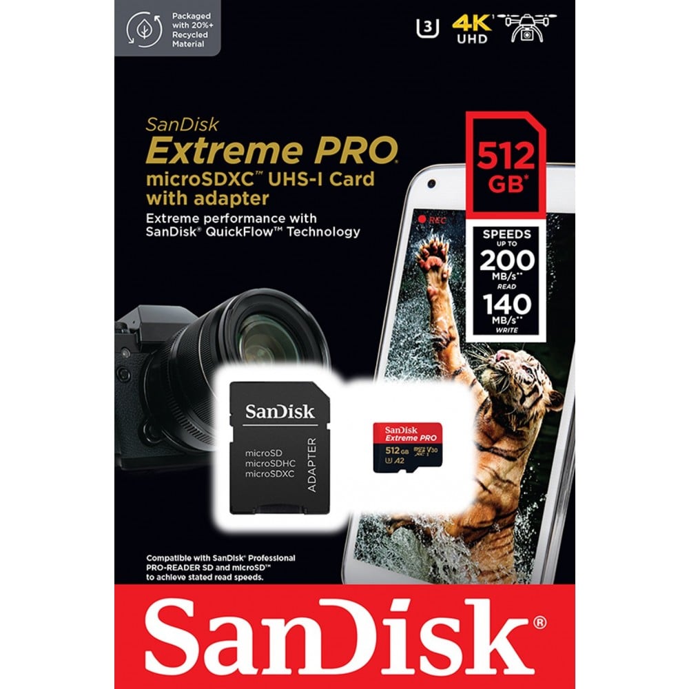 เมมโมรี่การ์ด SanDisk Extreme Pro microSDXC 512GB V30 U3 C10 A2 200MB/s R 140MB/s W with SD adaptor (SDSQXCD-512G-GN6MA)