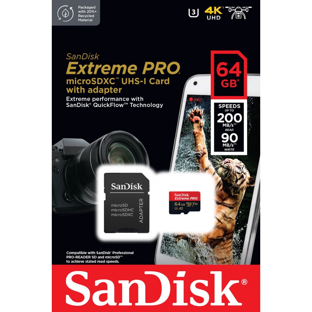 เมมโมรี่การ์ด SanDisk Extreme Pro microSDXC 64GB V30 U3 C10 A2 200MB/s R 140MB/s W with SD adaptor (SDSQXCD-64G-GN6MA)