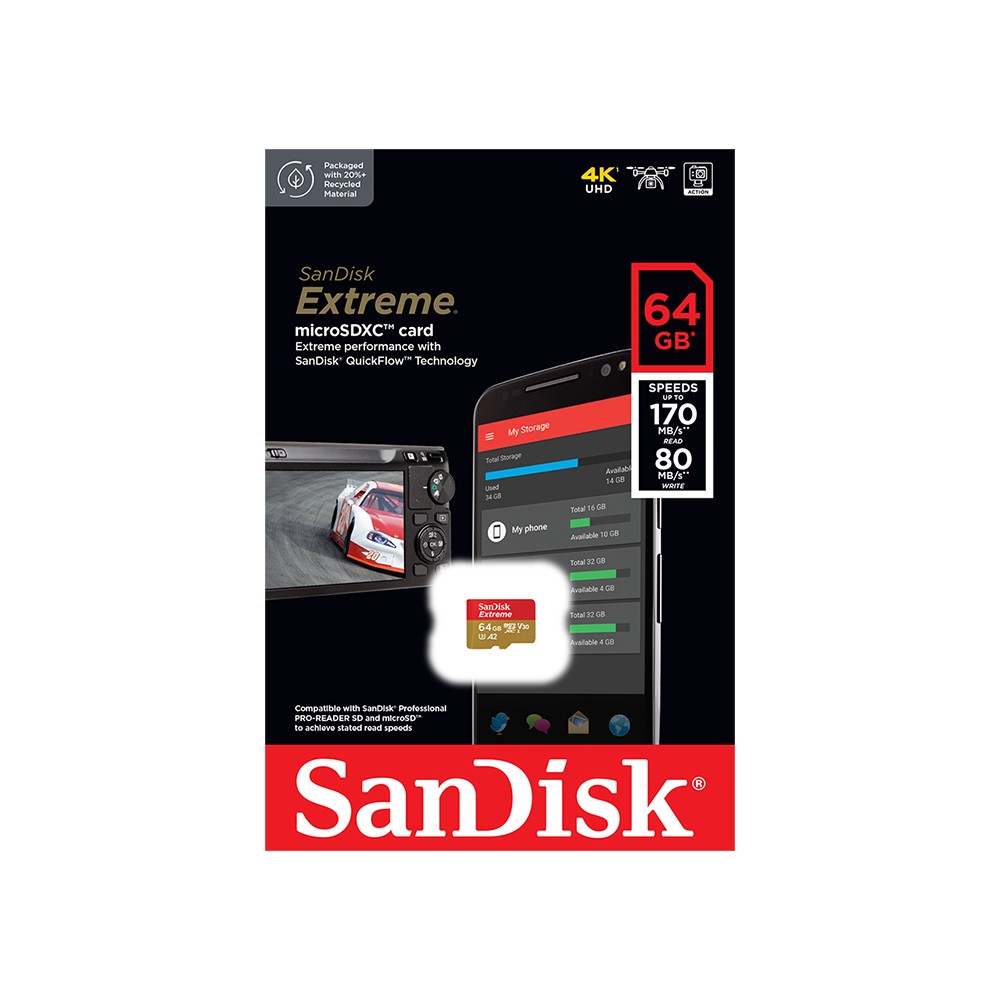 เมมโมรี่การ์ด SanDisk Extreme microSDXC 64GB V30 U3 C10 A2 170MB/s R 80MB/s W Red-Gold (SDSQXAH-064G-GN6MN)