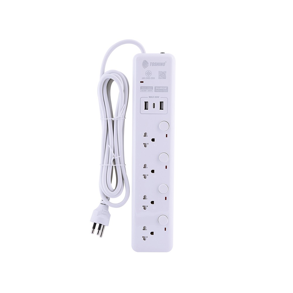 รางปลั๊กไฟ Toshino 4 Wat 4 Switch 2x USBA, 1x USB-C (PD) 3M. (WY-43)