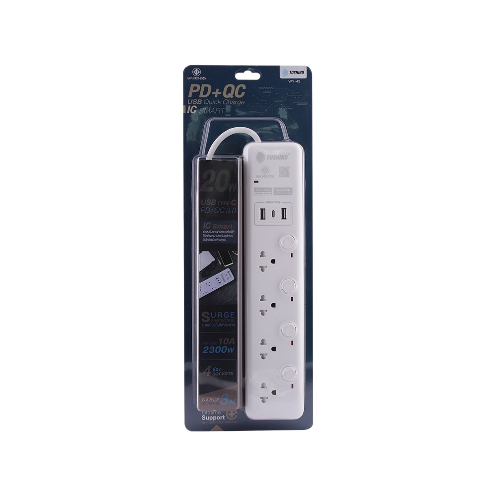 รางปลั๊กไฟ Toshino 4 Wat 4 Switch 2x USBA, 1x USB-C (PD) 3M. (WY-43)