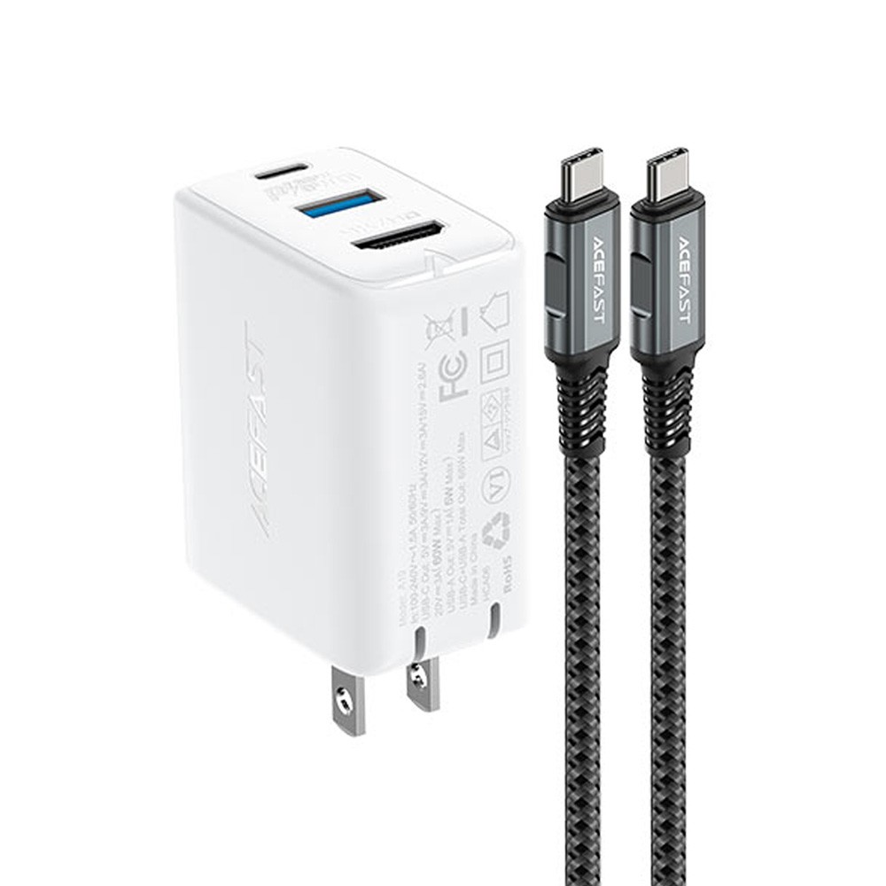 ACEFAST Wall USB Charger 1 USB-A / 1 USB-C (PD65W) (US) + USB-C to USB-C Cable 1.8M White