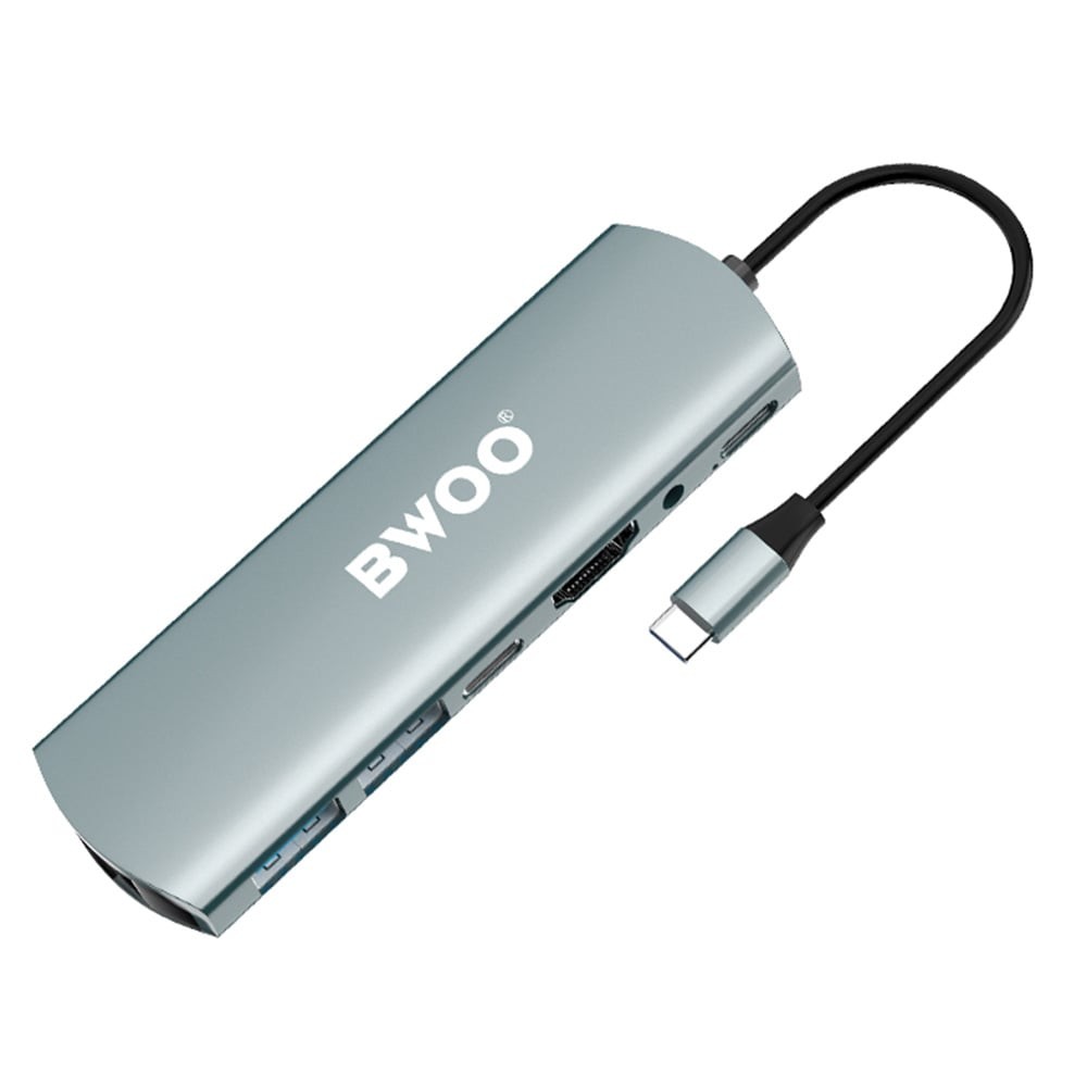 BWOO Port Hub  7-in-1 USB-C to 2x USB-A, USB-C, HDMI, AUX, Lan and PD (BO-TA07) Gray