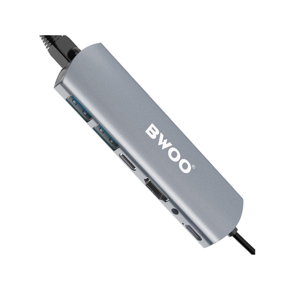 BWOO Port Hub  7-in-1 USB-C to 2x USB-A, USB-C, HDMI, AUX, Lan and PD (BO-TA07) Gray