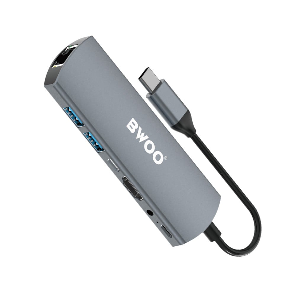 BWOO Port Hub  7-in-1 USB-C to 2x USB-A, USB-C, HDMI, AUX, Lan and PD (BO-TA07) Gray