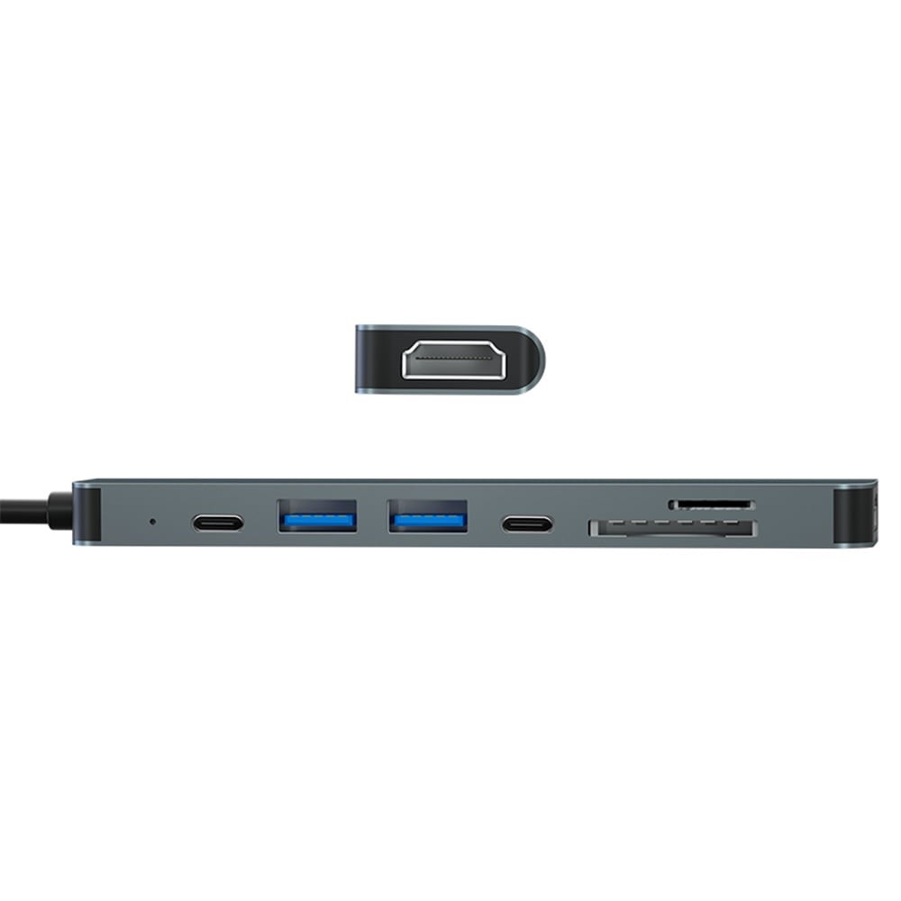 BWOO Port Hub 7-in-1 USB-C to 3x USB-A, HDMI, Micro SD, SD and PD (GD-TA608) Gray