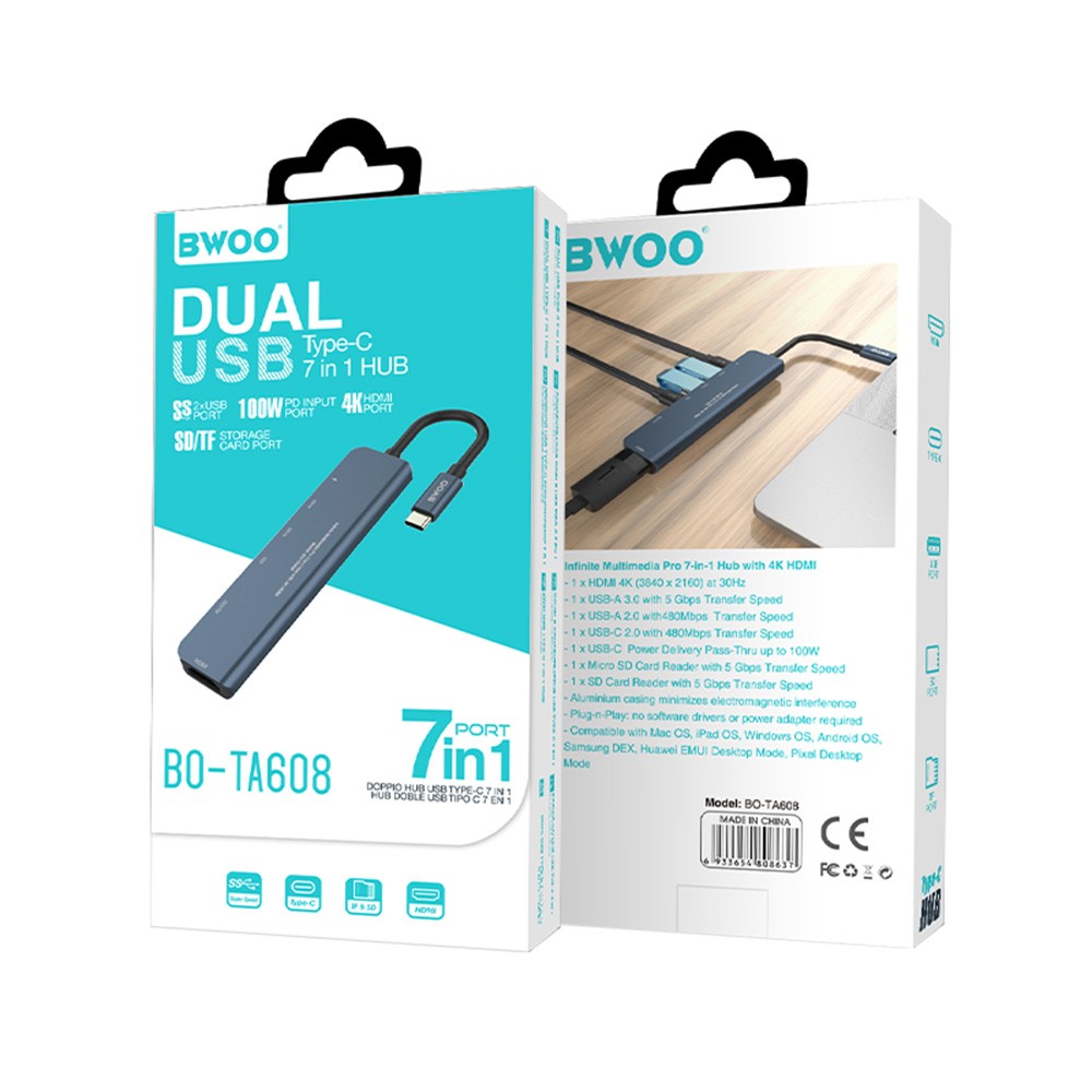 BWOO Port Hub 7-in-1 USB-C to 3x USB-A, HDMI, Micro SD, SD and PD (GD-TA608) Gray