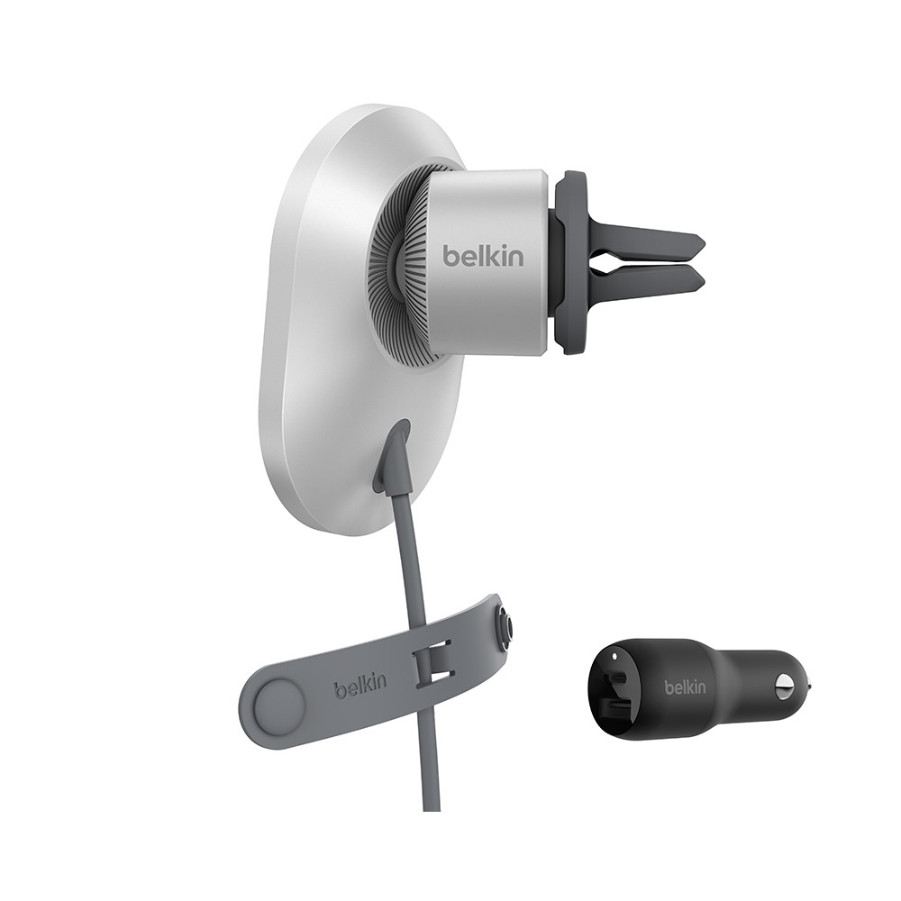 Belkin BOOSTCHARGE Pro Car Wireless Charging vent mount with MagSafe and Car Charger (WIC008btGR-NC) Silver