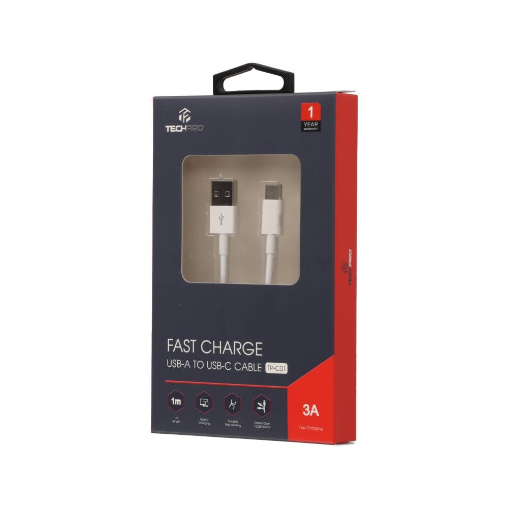 สายชาร์จ TECHPRO USB-A to USB-C 3A Super Fast Charge 1 เมตร TP-C01 White