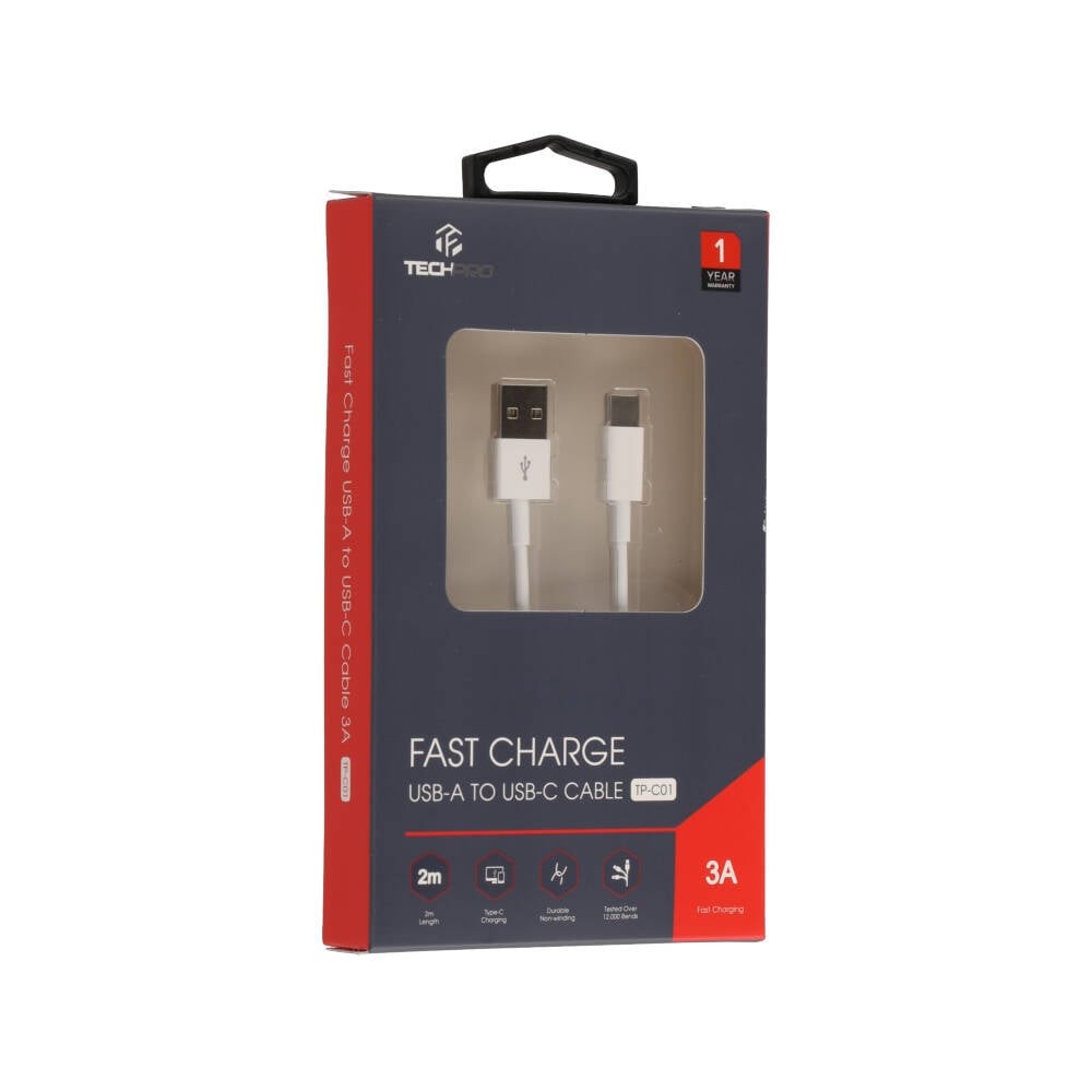 สายชาร์จ TECHPRO คุณภาพดี USB-A to USB-C 3A Fast Charge 2M. TP-C01 ...