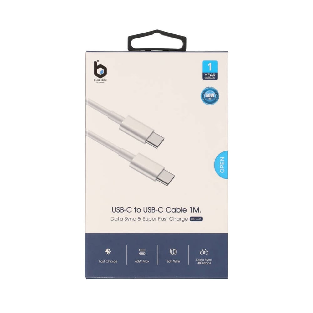 สายชาร์จ Blue Box USB-C to USB-C Cable 60W Super Fast Charge & Data Sync 1M. White (BB-C06)
