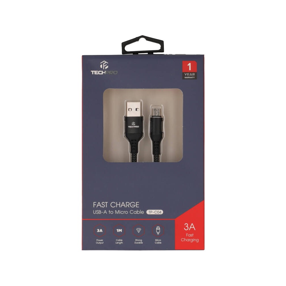 TECHPRO Micro USB Cable 3A Super Fast Charge 1M. TP-C04  - Nylon Black