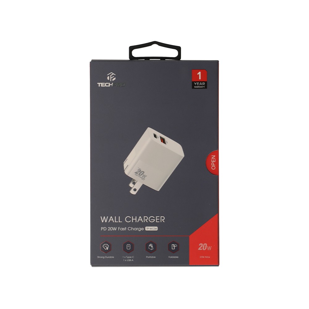 อะแดปเตอร์ TECHPRO Wall USB Charger 1 USB-A (QC3.0A) 1 USB-C (PD20W) TP-WC04 White