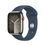 Apple Watch Series 9 GPS + Cellular 41mm Silver Stainless Steel Case with Storm Blue Sport Band - S/M