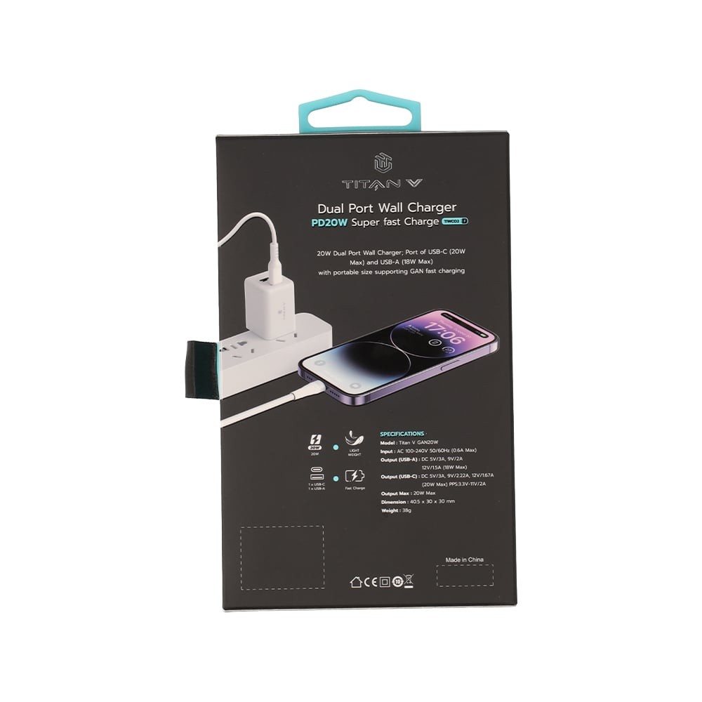 อะแดปเตอร์ TITANV Wall USB Charger 1 USB-A (QC3.0A) / 1 USB-C (PD20W) TI-WC01 White