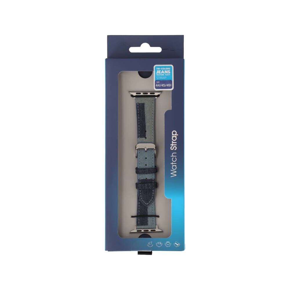 Blue Box สาย Apple Watch Strap Series 6,7,8,9,SE1,SE2,Ultra (44/45/49mm) Tri-Colors Jean Texture Navy/medium blue/light Blue