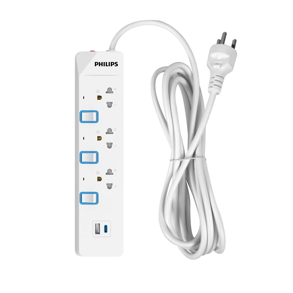 ปลั๊กไฟ Philips  3 Way 3 Switch + USB3M. (CHP4734WB/67) White