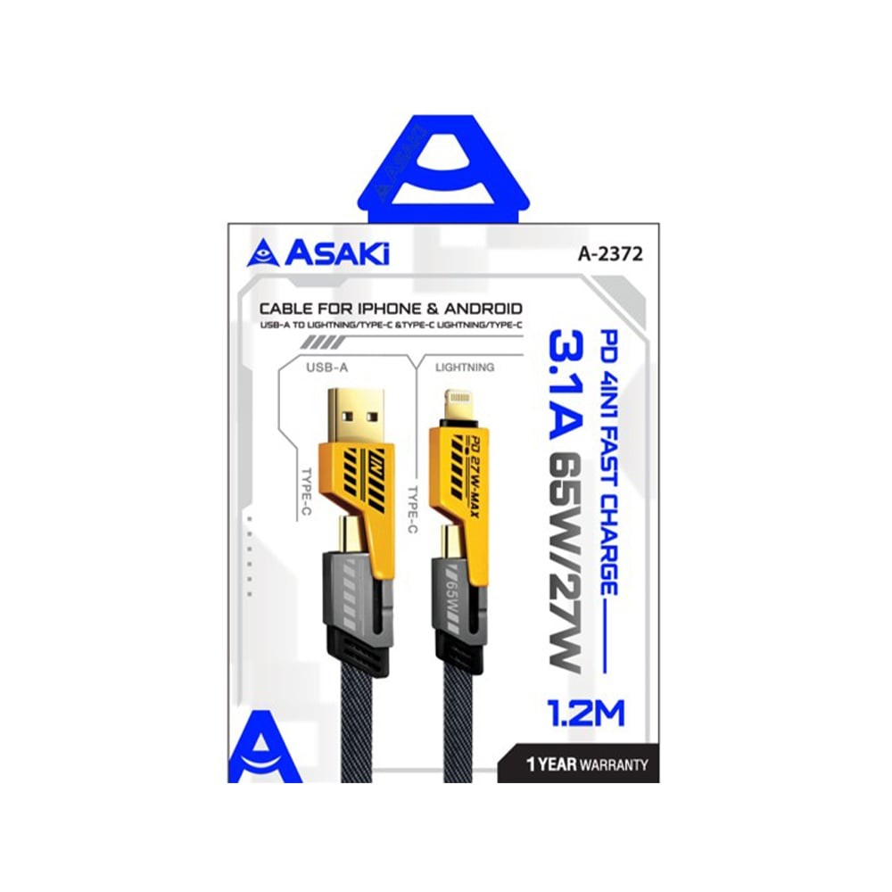 สายชาร์จ ASAKI 4-in-1 Multifunctional Cable 3.1A/65W/27W Fast Charge & Data 1.2M. Yellow (A-2372)